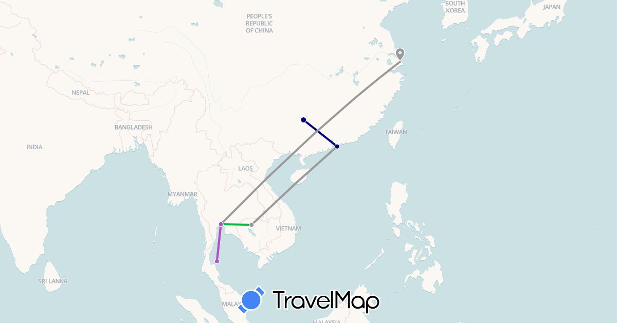 TravelMap itinerary: driving, bus, plane, train in China, Hong Kong, Cambodia, Thailand (Asia)